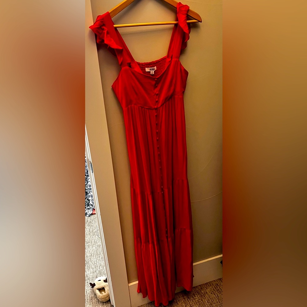 Steve Madden red ruffle maxi dress with buttons down the front. Work once.